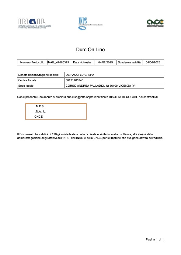 Durc De Facci Luigi Spa del 04.02.2025 scadenza 04.06.2025 inail – inps