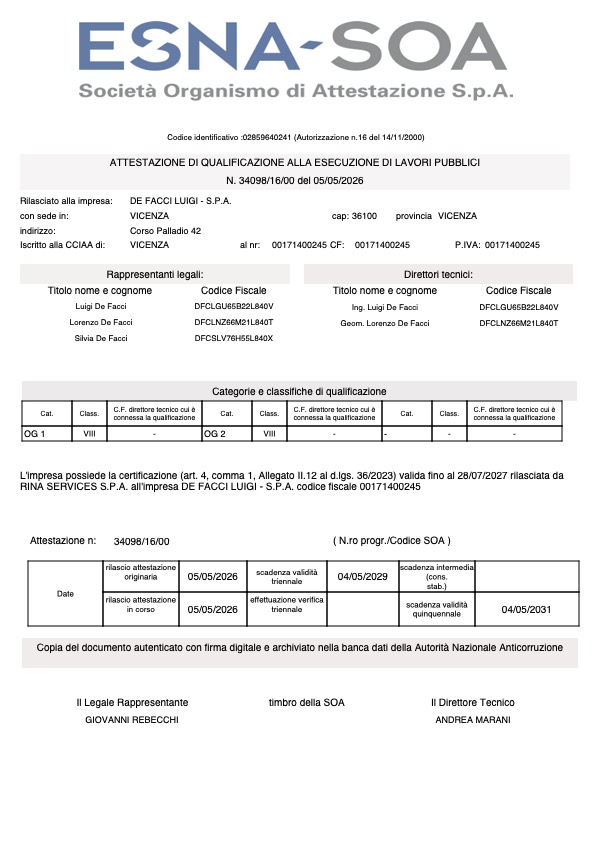 De Facci Luigi Spa attestazione Soa n. 34098-16-00